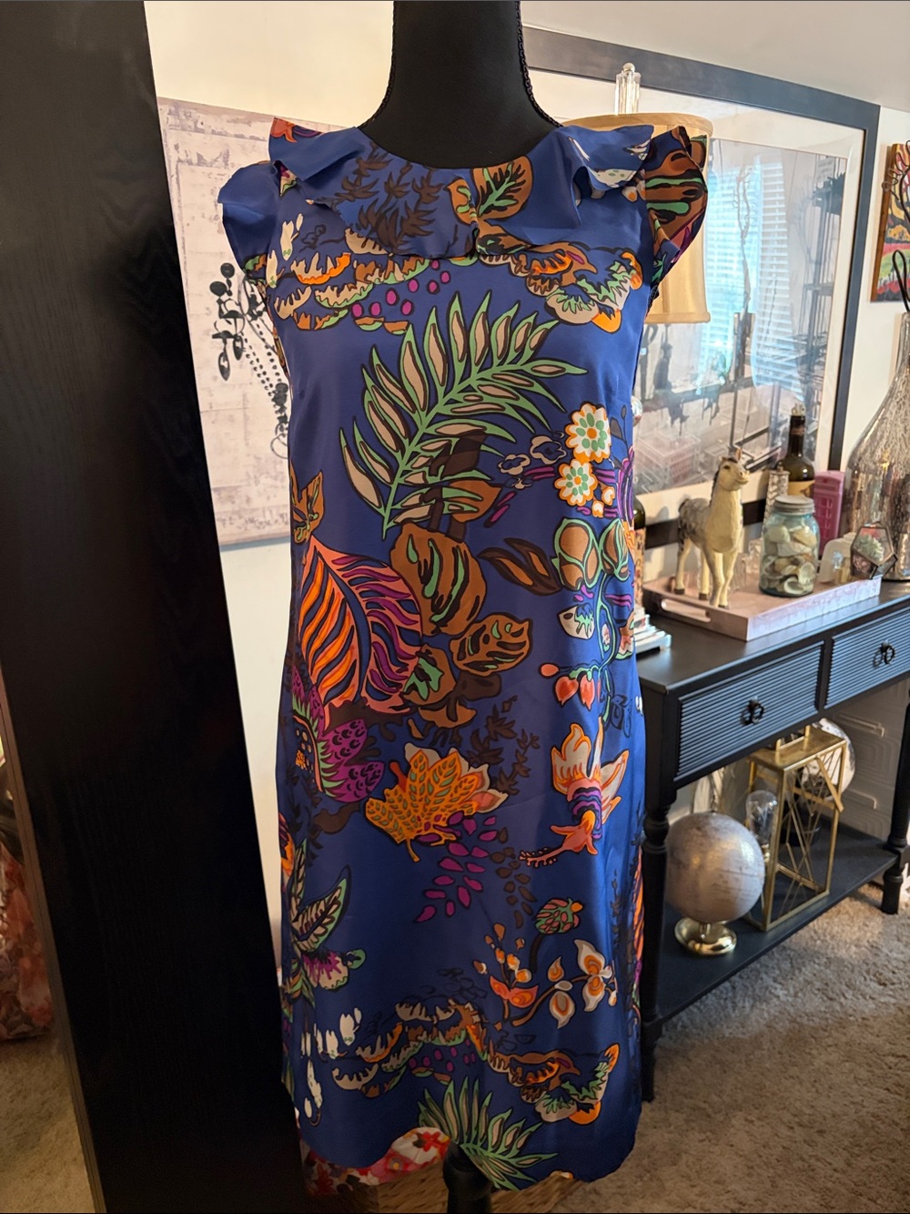 Blue Tropical Print Ruffle-Sleeve Silk Dress